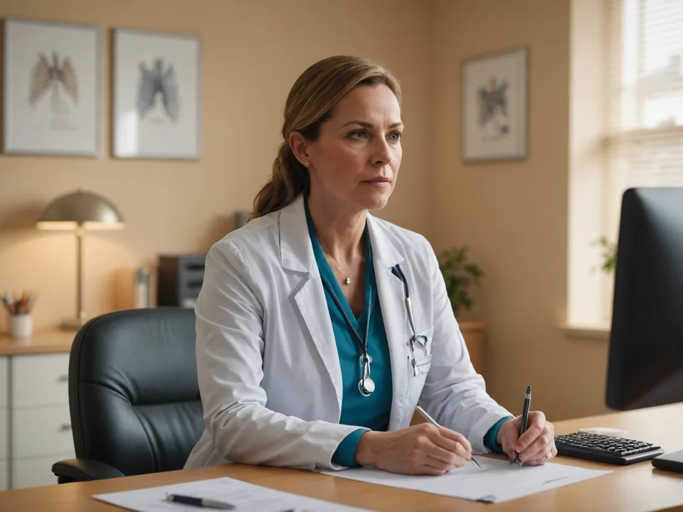 Respiratory clinician reviewing patient monitoring data at a workstation in a warm consulting room
