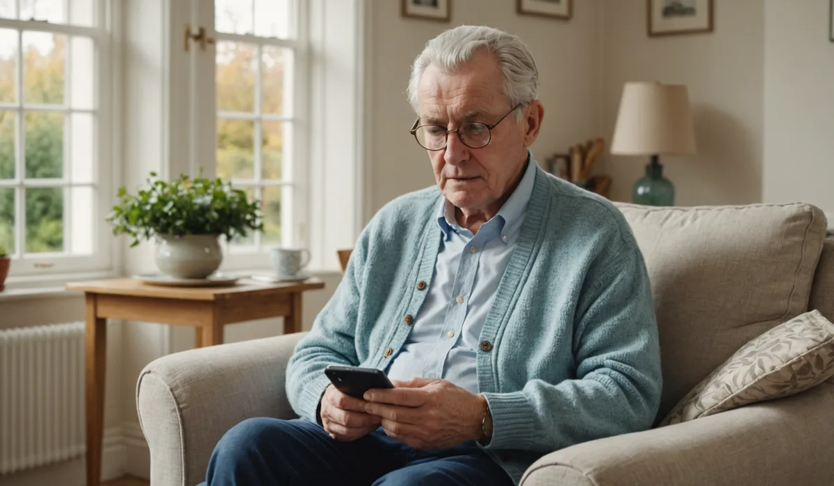Older person at home using a smartphone for a daily breath check, appearing relaxed and reassured